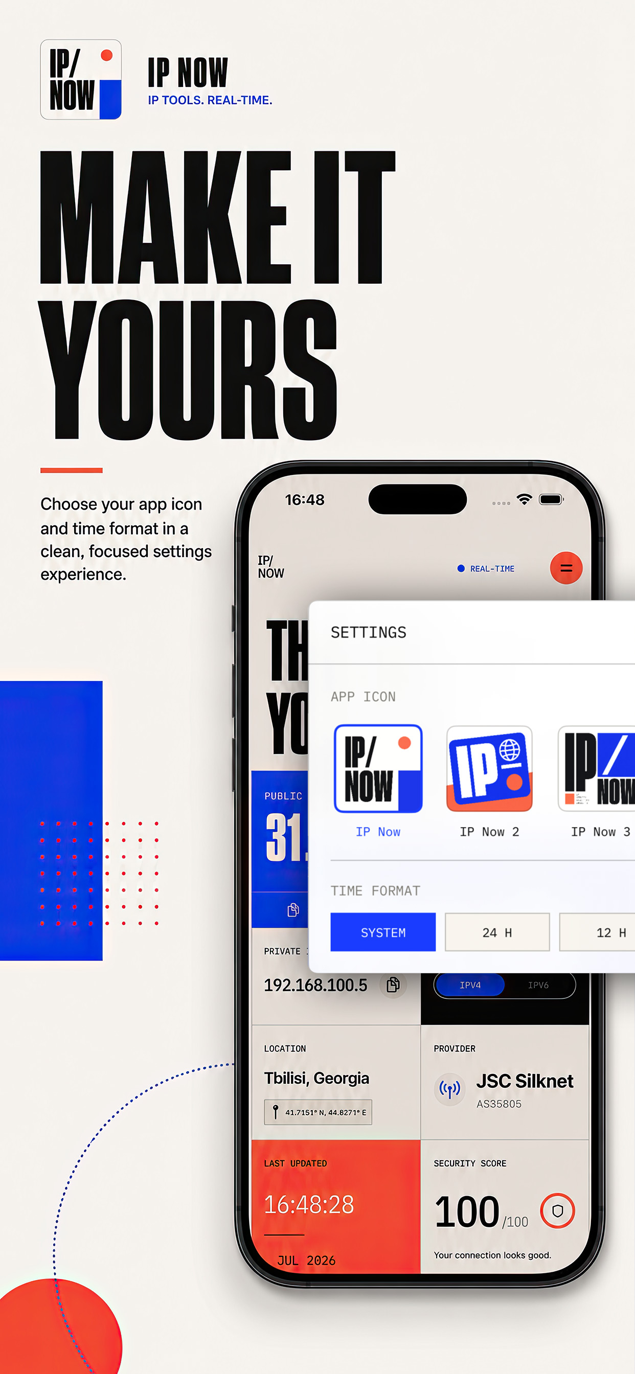 IP Now settings for app icon and time format customization